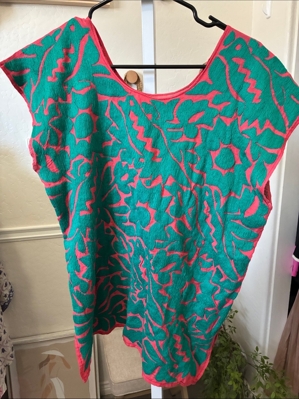 Green & Pink Jalapa hand Embroidered Handmade Oaxaca blouse